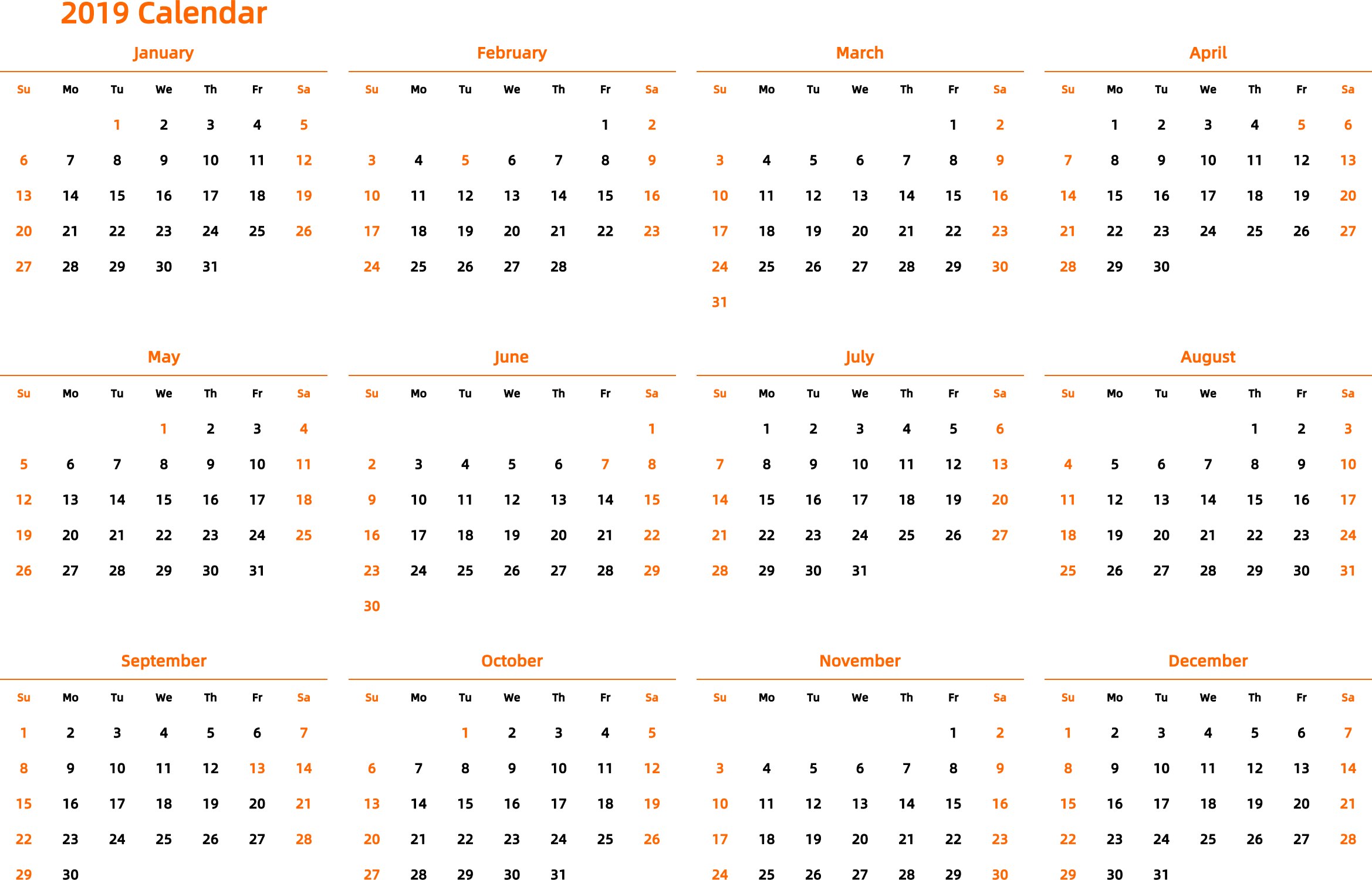 日历表2019年日历 英文版 横向排版 周日开始 带节假日调休安排